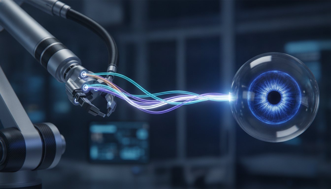 Signals from a working machine weave into one strand and flow into a watching eye of light