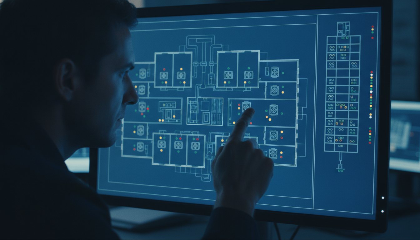 A specialist studying a wall of dense engineering screens in a facility control room
