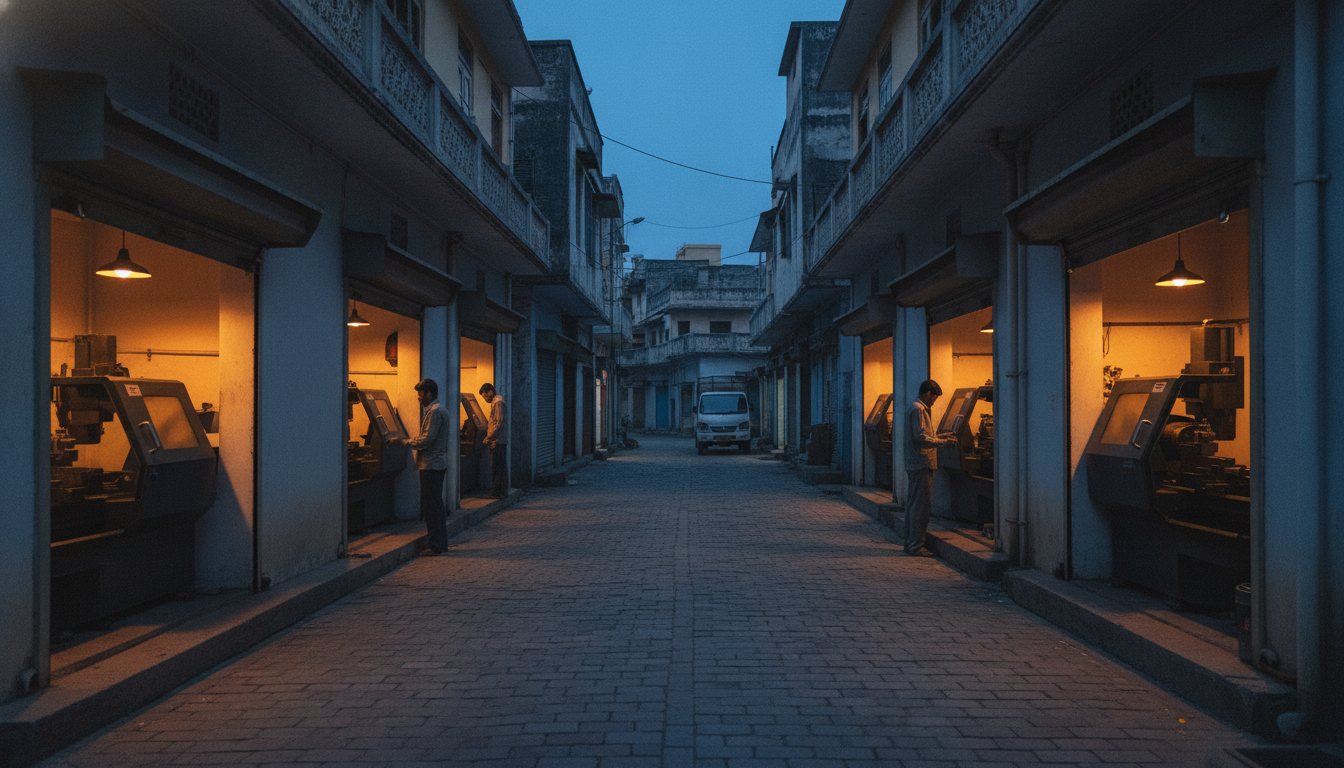 A lane of small houses, each with a small CNC lathe workshop inside, and nobody watching them
