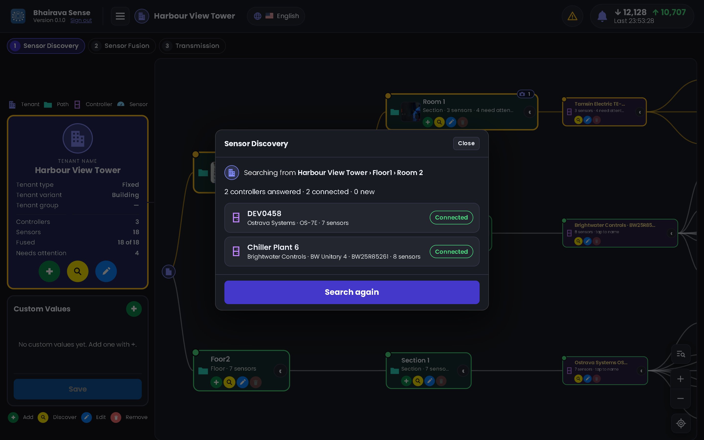 Discover list showing two controllers found in a room, each marked Connected