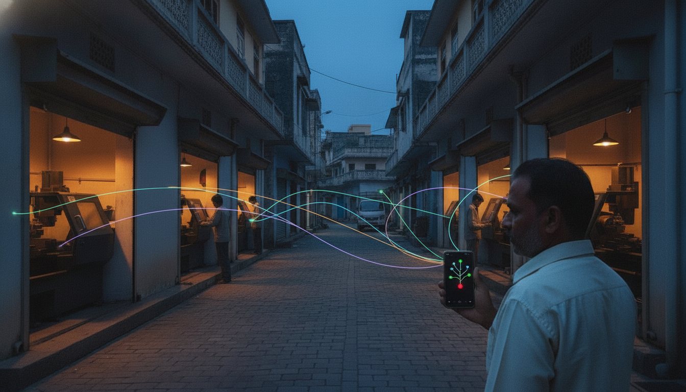 The same lane of houses with CNC lathes, now with the owner standing in the foreground checking a phone that shows a simple tree of green dots and one red, with thin threads of coloured light reaching it from the workshops