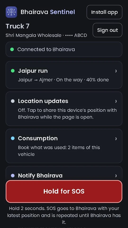 Bhairava Sentinel on a phone: the vehicle, Connected to Bhairava, the current trip, location, consumption, breakdown and a red Hold for SOS button